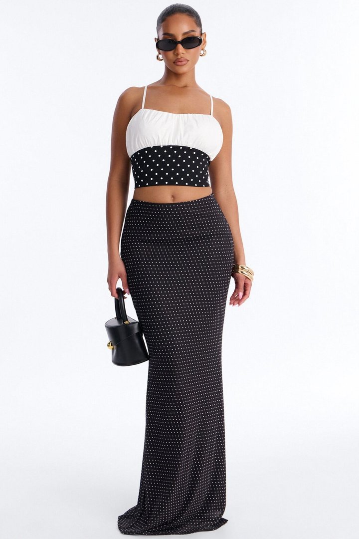 Madeline Polka Dot Mermaid Mesh Maxi Skirt - Black/White