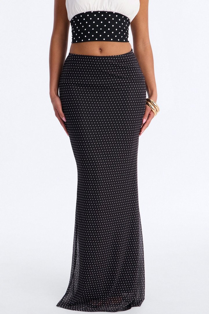 Madeline Polka Dot Mermaid Mesh Maxi Skirt - Black/White