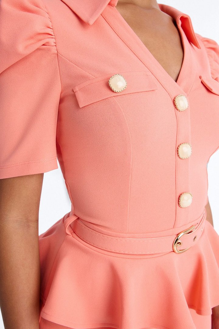 Kathryn Ruffle Sleeve Crepe Knit Midi Dress - Coral