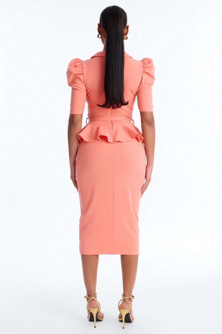 Kathryn Ruffle Sleeve Crepe Knit Midi Dress - Coral