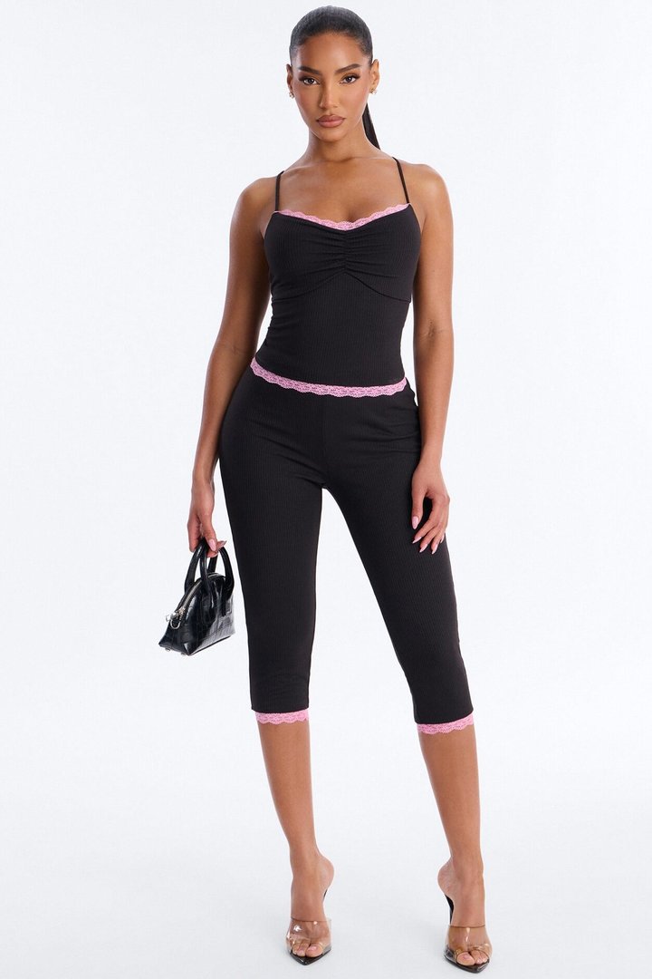 Layla Double Lined Ribbed Capri Set - Black