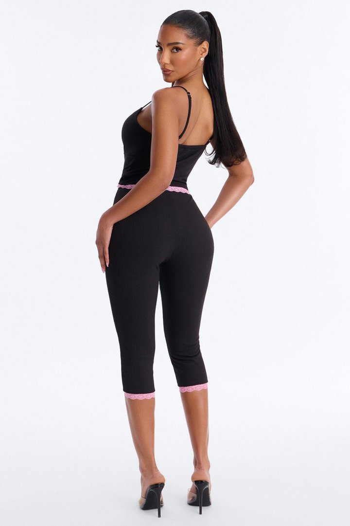 Layla Double Lined Ribbed Capri Set - Black