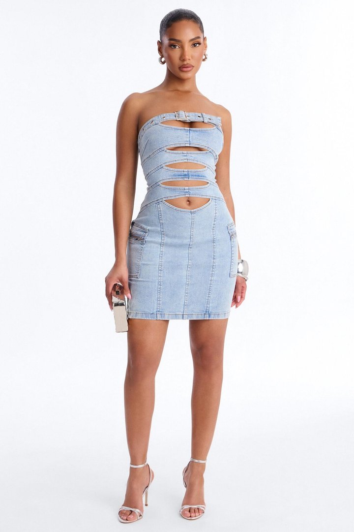 Love It Here Strapless Stretch Denim Micro Mini Dress - Light Wash