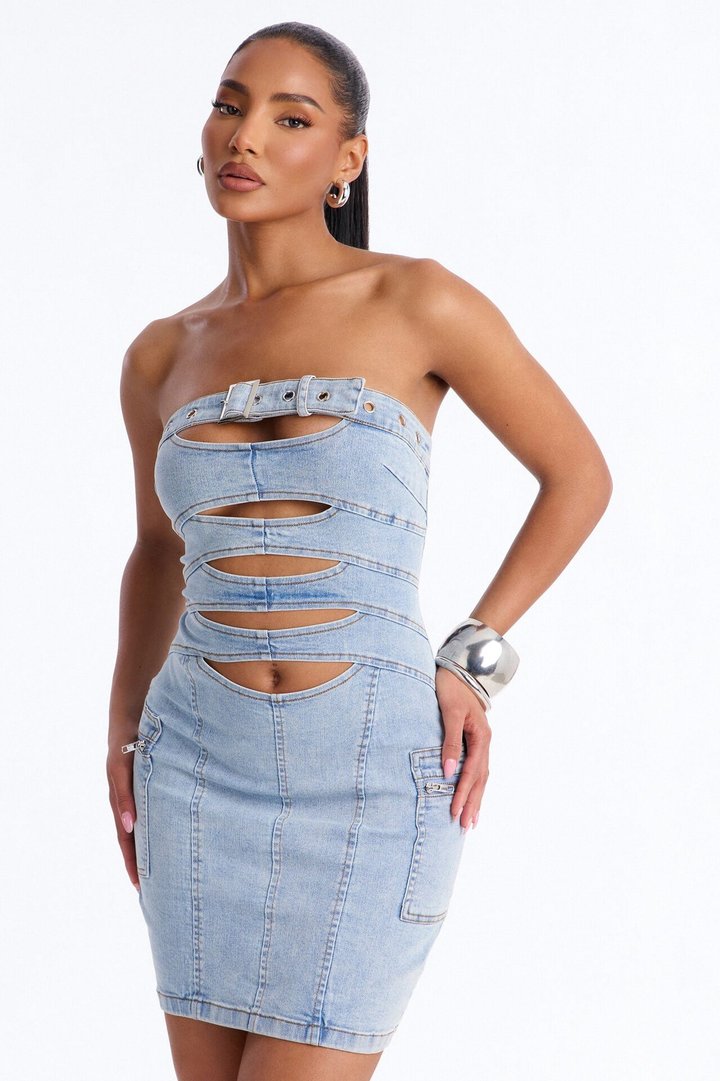 Love It Here Strapless Stretch Denim Micro Mini Dress - Light Wash