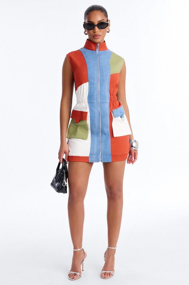 Sonic Vroom Colorblock Stretch Denim Mini Dress - Orange/combo