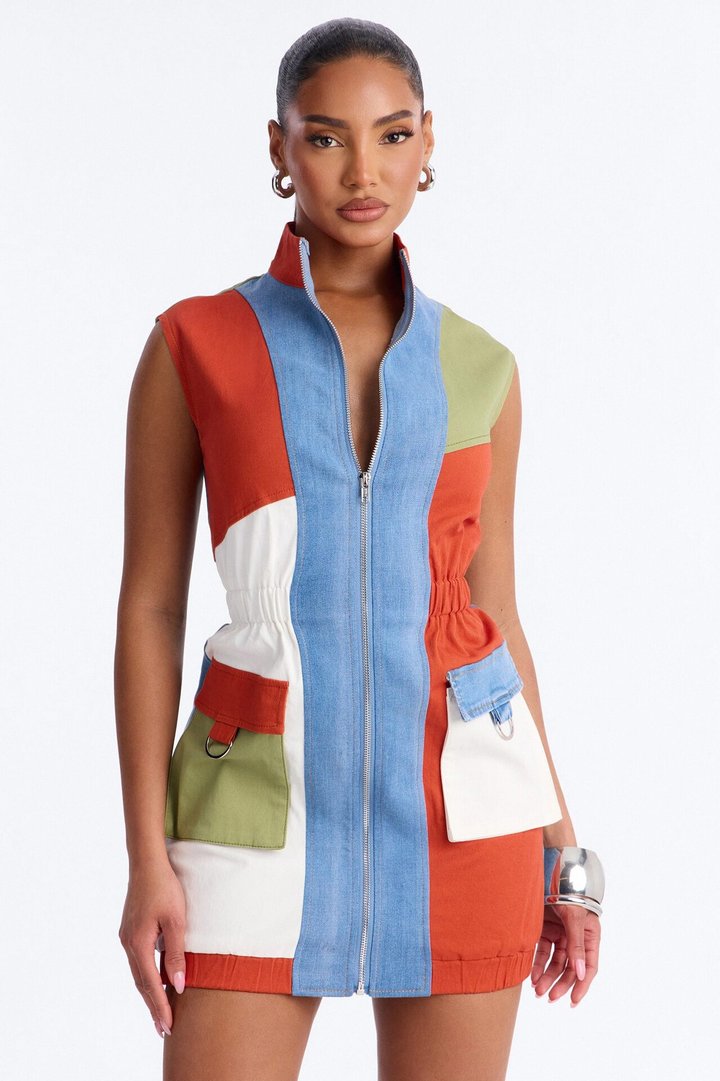 Sonic Vroom Colorblock Stretch Denim Mini Dress - Orange/combo