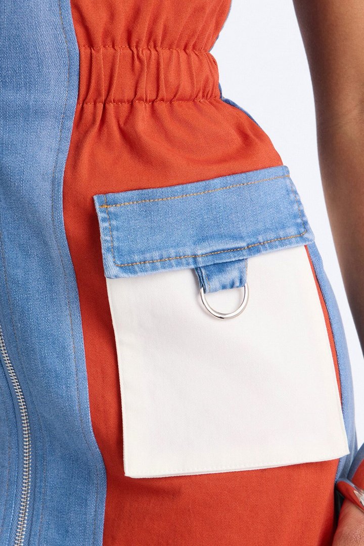 Sonic Vroom Colorblock Stretch Denim Mini Dress - Orange/combo