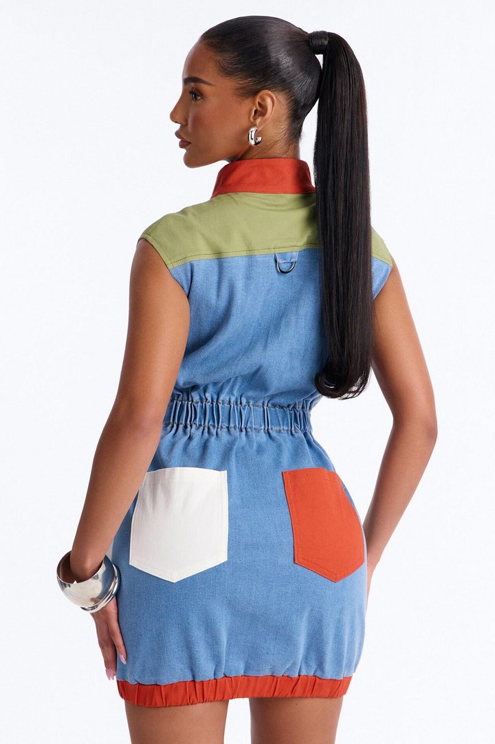 Sonic Vroom Colorblock Stretch Denim Mini Dress - Orange/combo