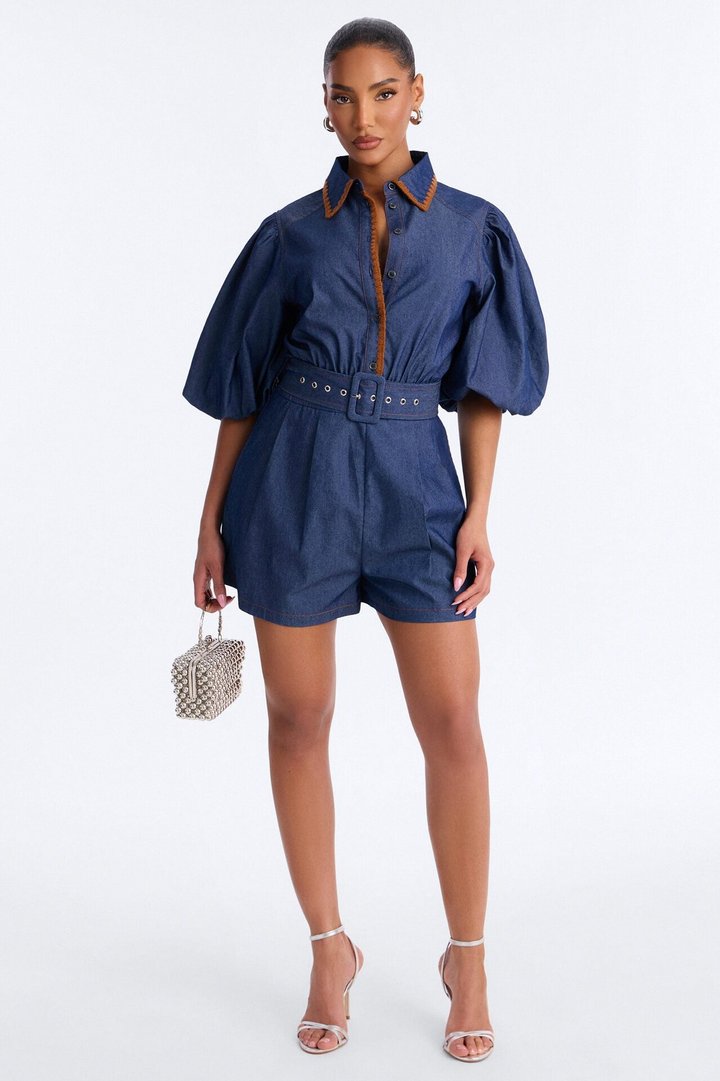 Jaika Denim Embroidered Romper - Dark Wash