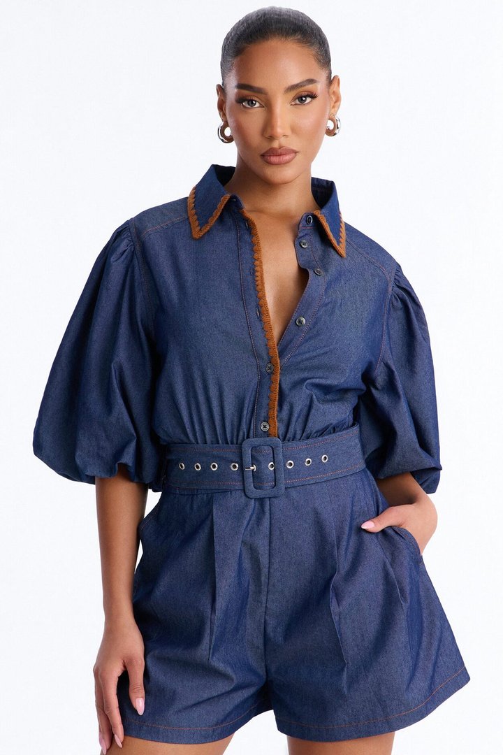 Jaika Denim Embroidered Romper - Dark Wash