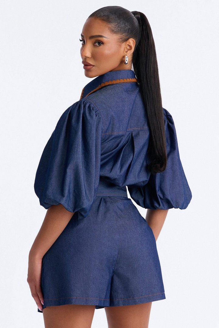 Jaika Denim Embroidered Romper - Dark Wash