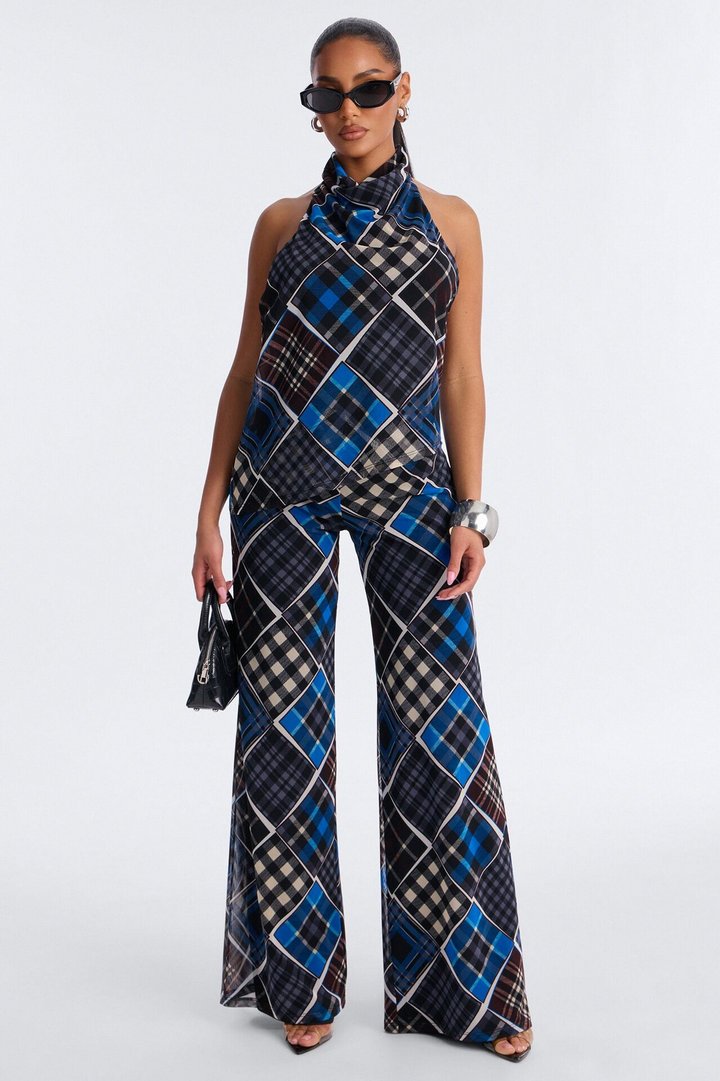 Trina Plaid Mesh Halter Pant Set - Blue/combo