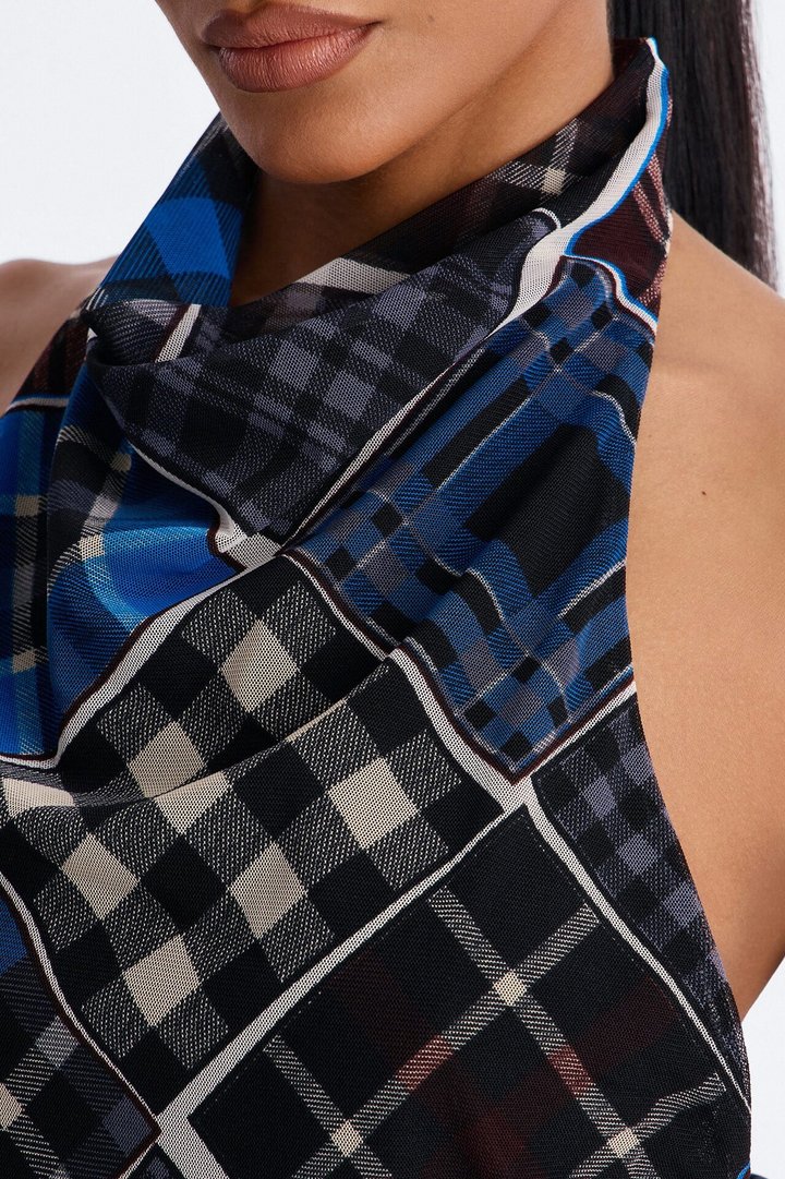 Trina Plaid Mesh Halter Pant Set - Blue/combo
