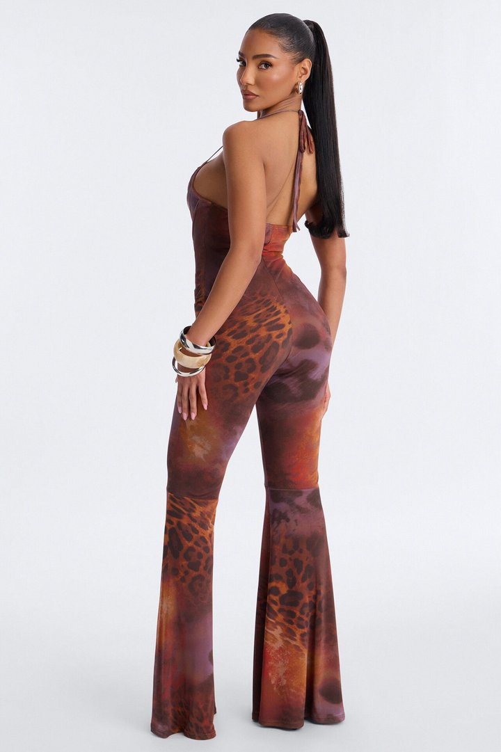 Lara Leopard Flare Leg Jumpsuit - Orange/combo