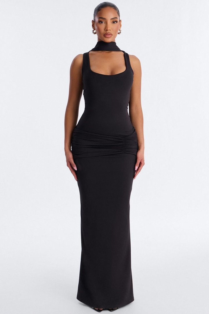 Bianca Matte Form Double Lined Neck Scarf Maxi Dress - Black