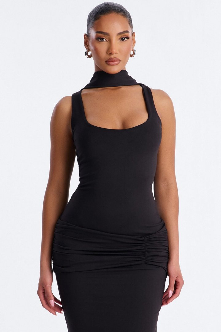 Bianca Matte Form Double Lined Neck Scarf Maxi Dress - Black