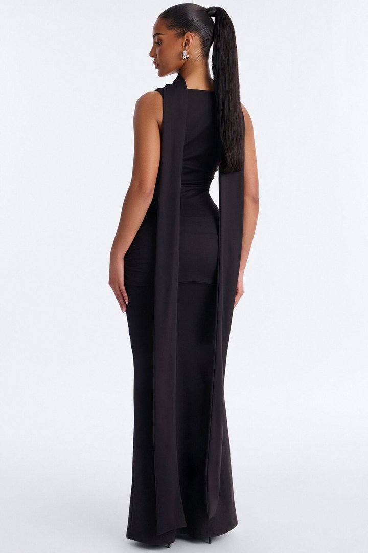 Bianca Matte Form Double Lined Neck Scarf Maxi Dress - Black