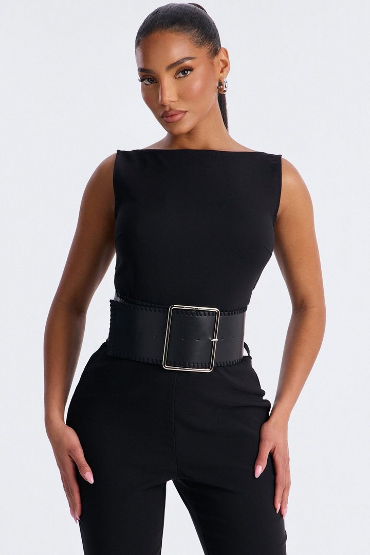 Amaya Boat Neck Belted Capri Jumpsuit - Black