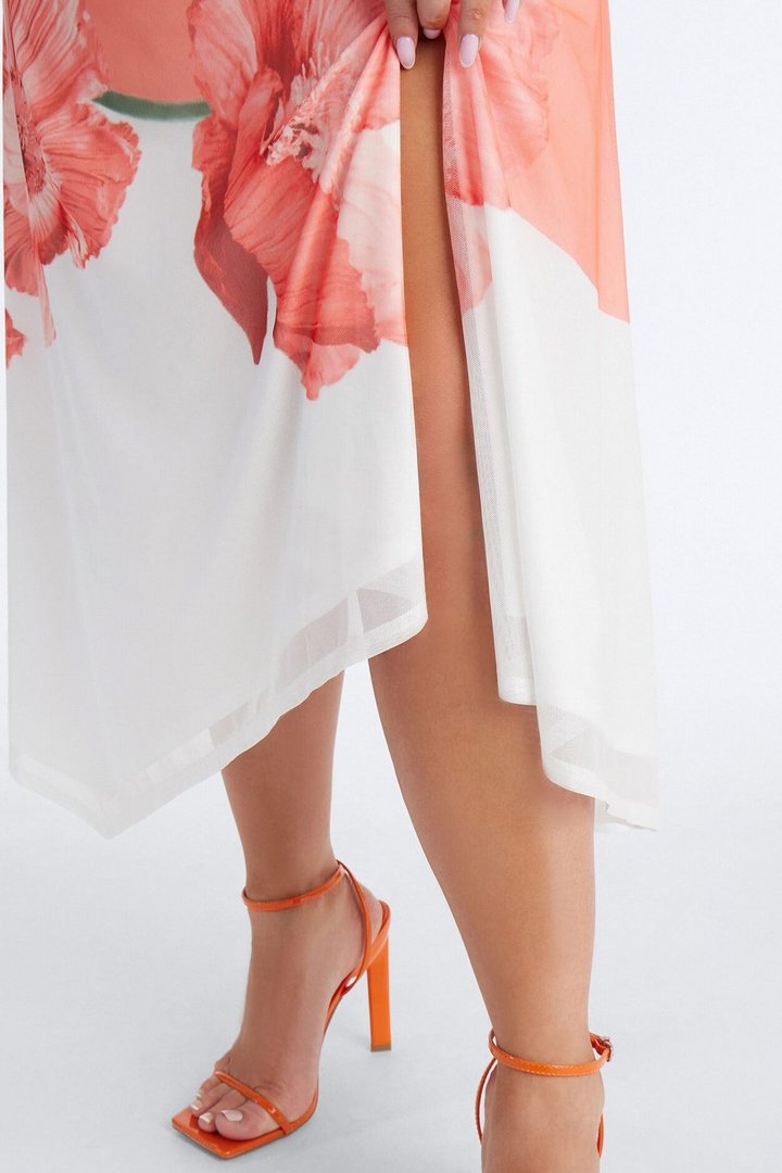 Aelia Floral Asymmetrical Mesh Midi Skirt - Orange/combo