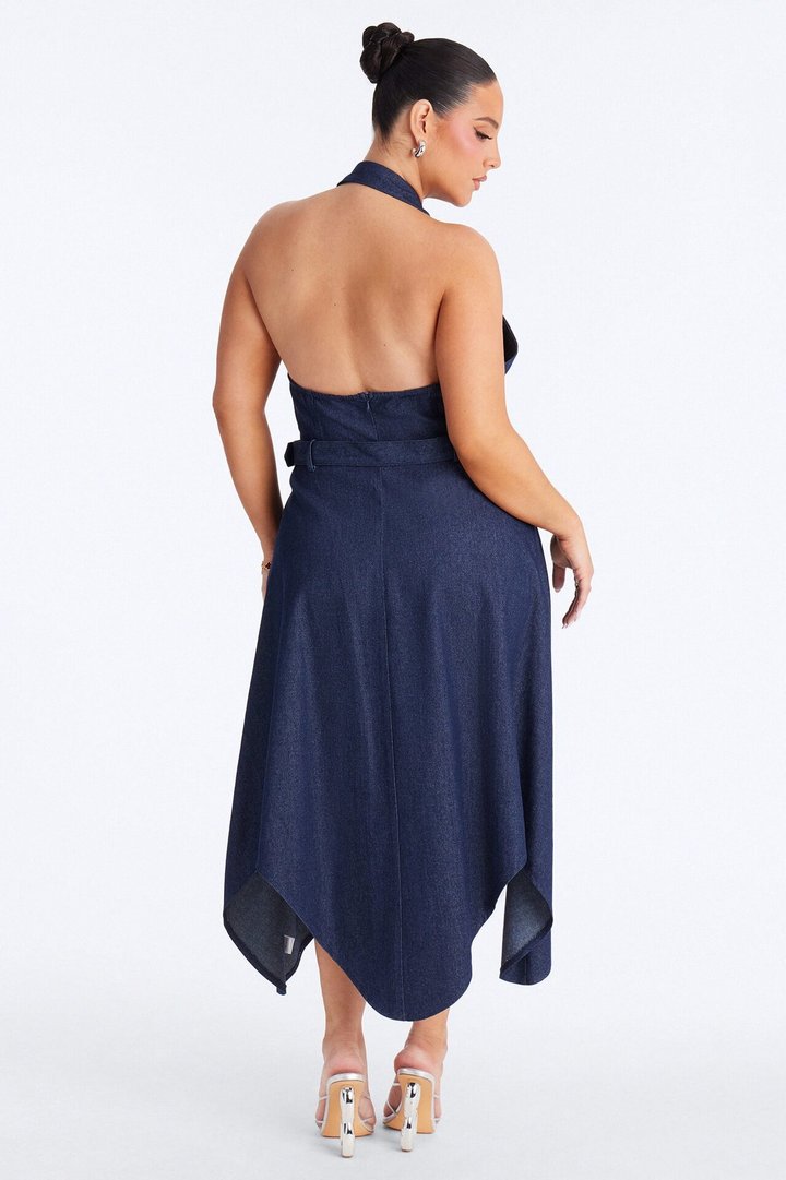Alana Belted Denim Midi Dress - Dark Wash