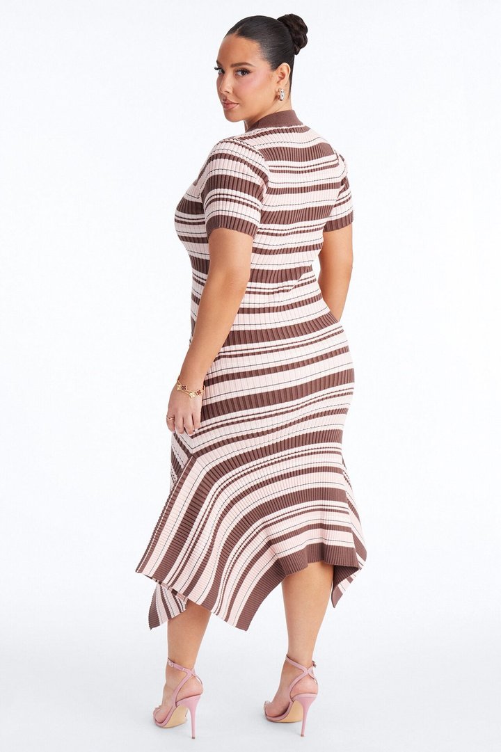 Rare Catch Ribbed Striped Midi Dress - Mocha/combo