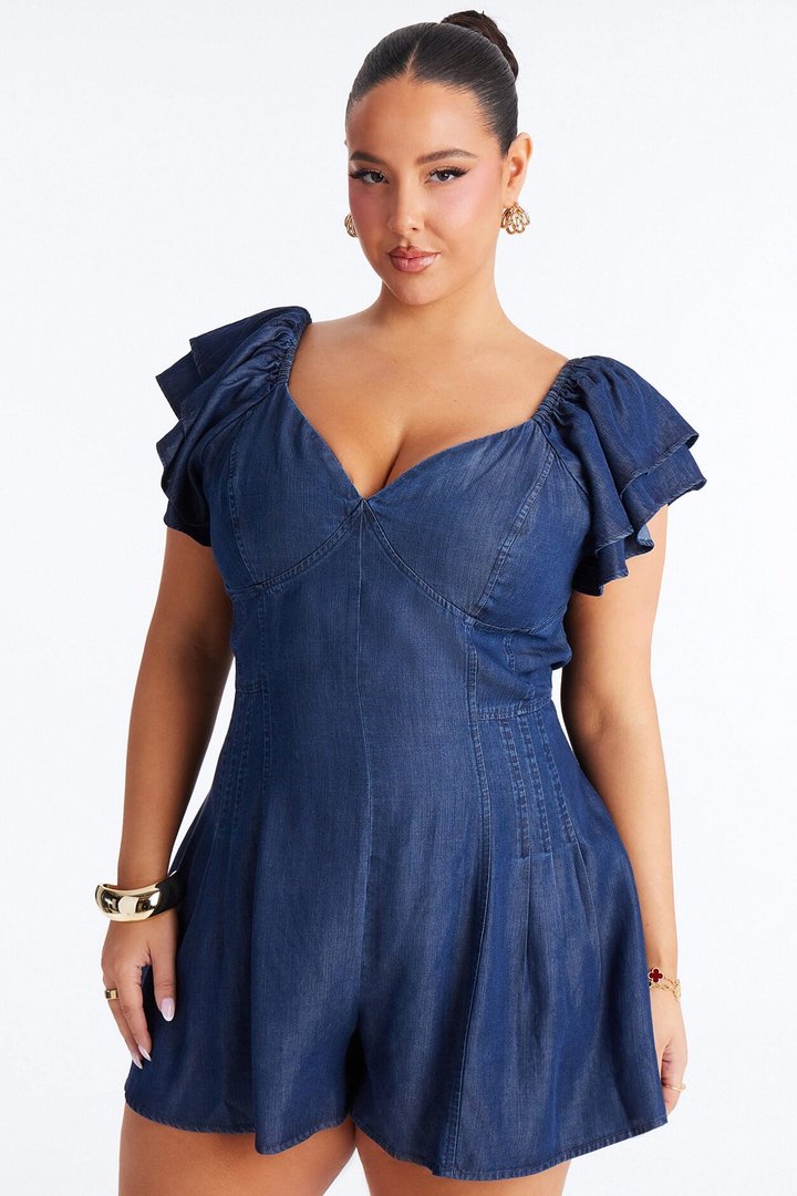 Sienna Sweetheart Short Sleeve Romper - Denim