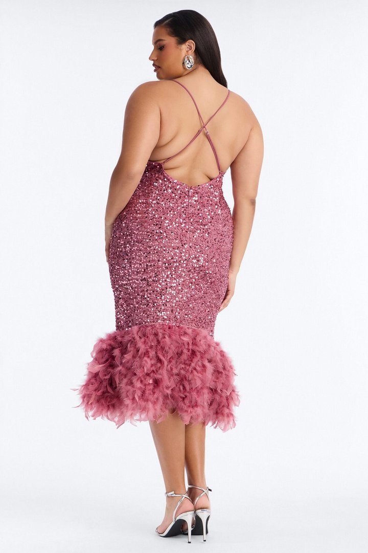 Zoey Feathered Sequin Midi Dress - Mauve