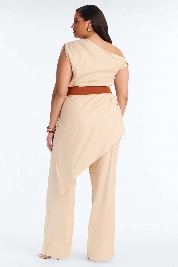 Willow Belted Asymmetrical Pant Set - Beige