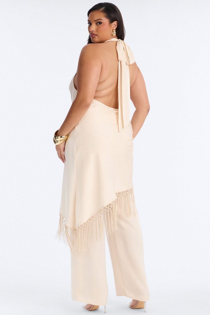 Avara Fringe Halter Pant Set - Cream