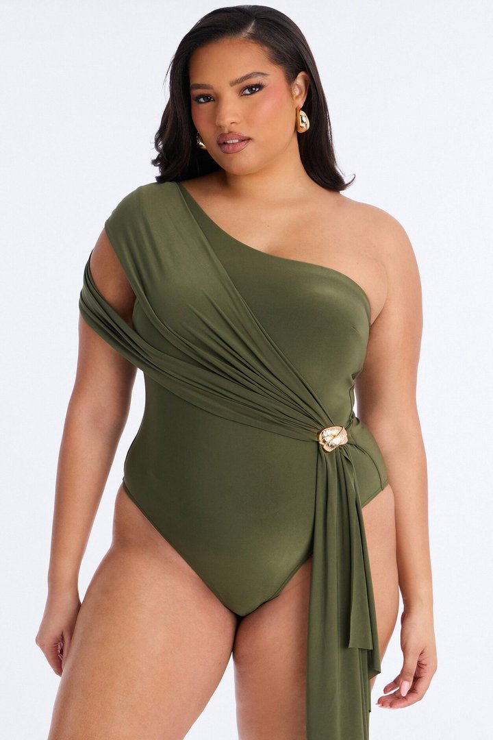 Roma Muse One Shoulder Draped Bodysuit - Olive