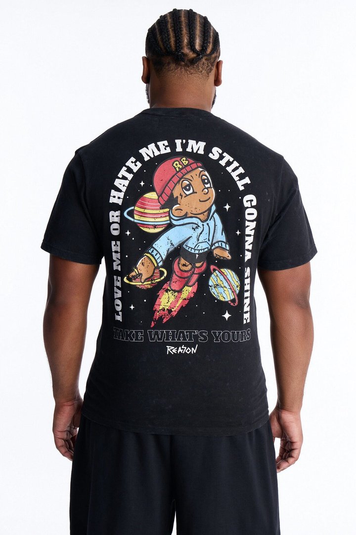 Cosmic Boy Still Gonna Shine Embroidery Vintage Short Sleeve Tee - Black Wash
