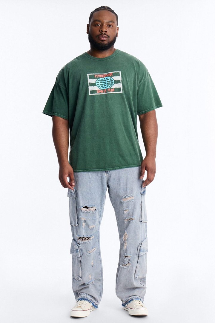 Straight Fractured Cargo Jean - Light Wash