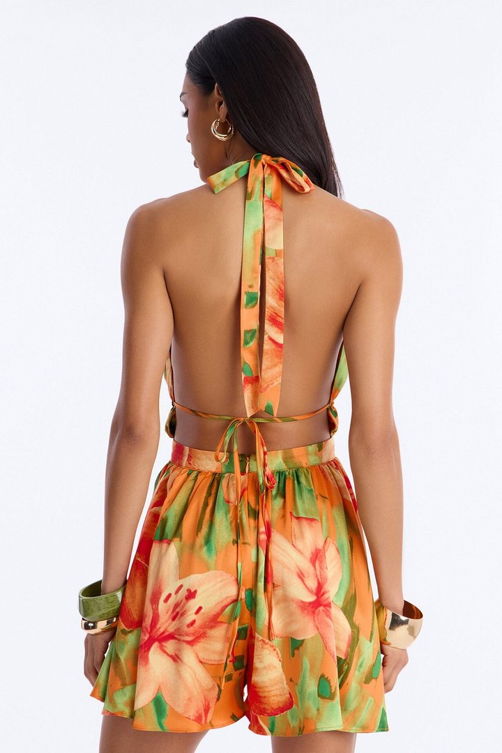 Tiana Tropical Backless Romper - Orange