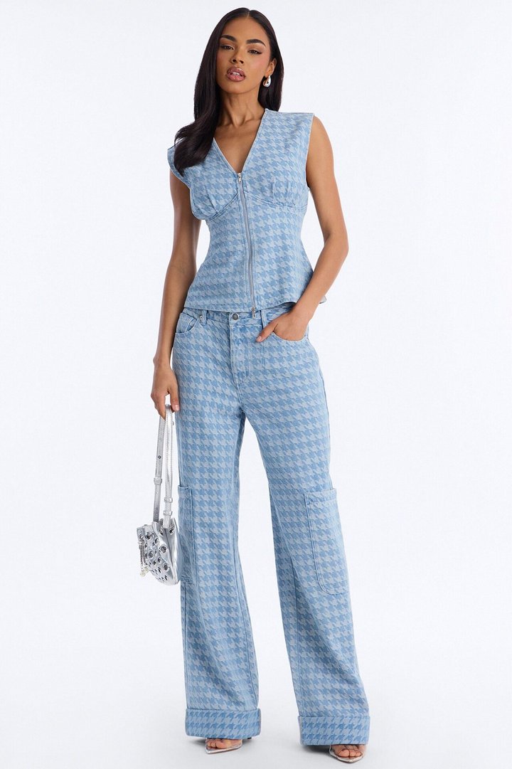 Desiree Denim Houndstooth Pant Set - Light Wash