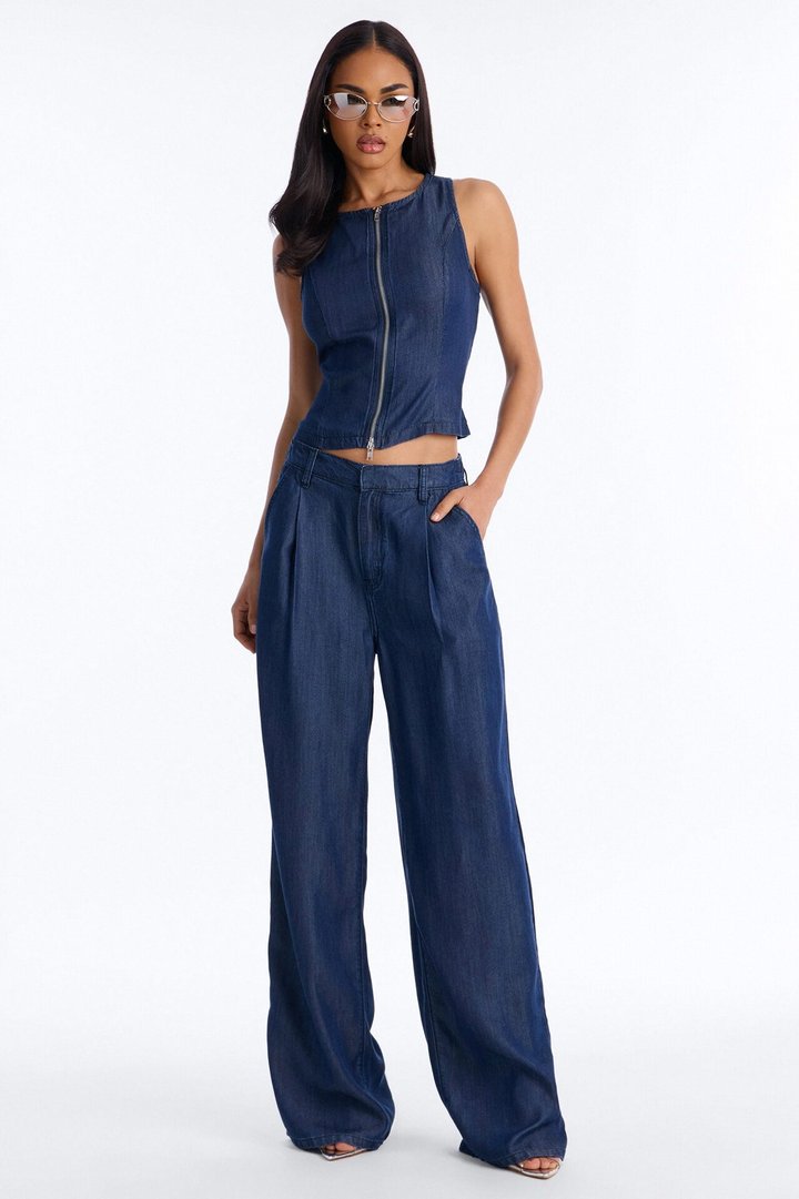 Haven Mid Rise Wide Leg Dark Chambray Pant 33″ - Rinse Blue Wash