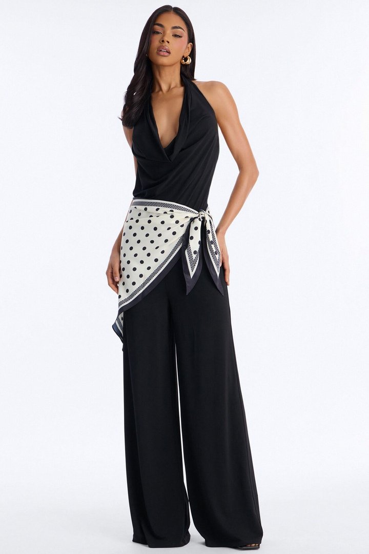 Joanne Backless Scarf Tie 2 Piece Jumpsuit Set - Black