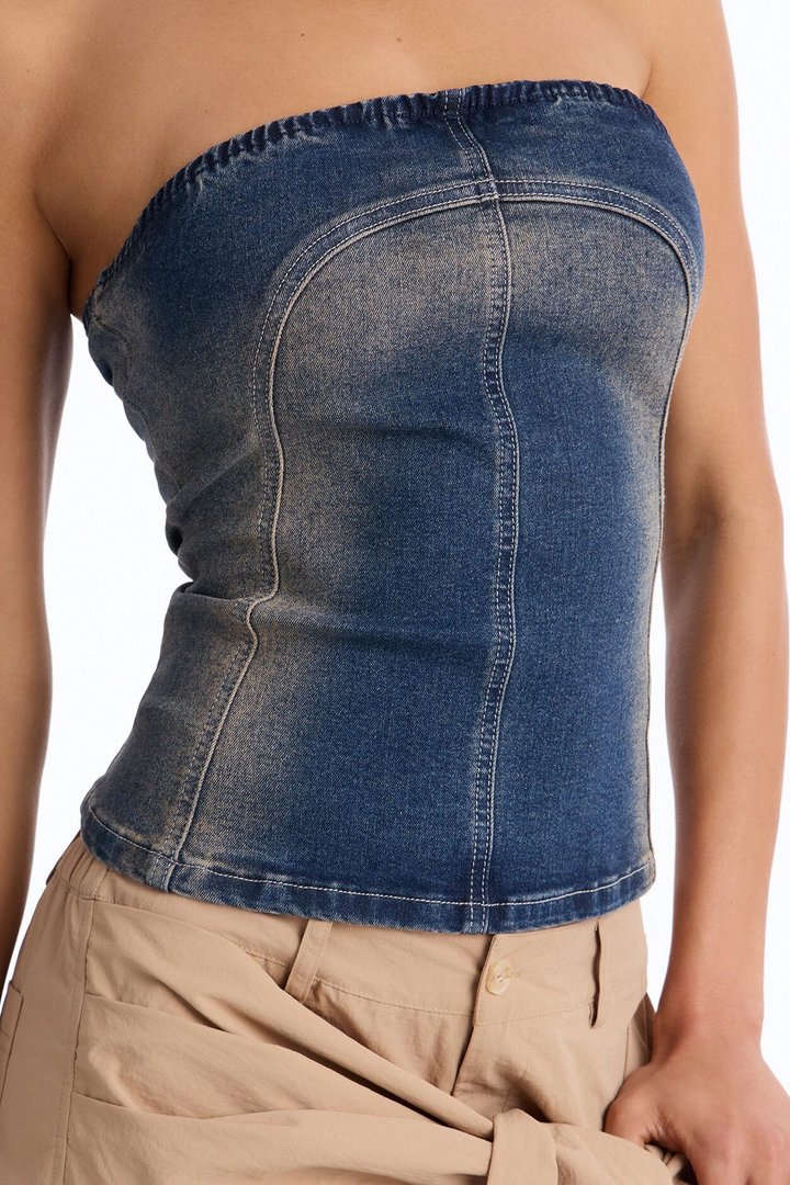 Breaking Rules Back Zip Denim Tube Top - Dark Wash
