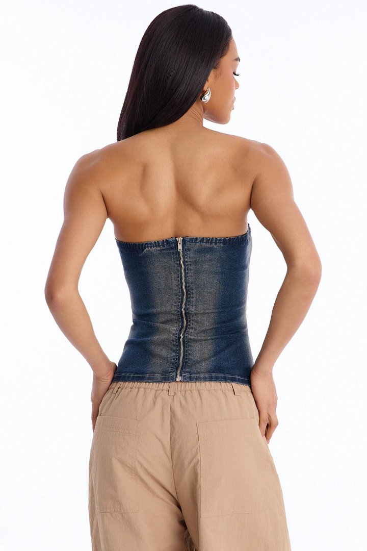 Breaking Rules Back Zip Denim Tube Top - Dark Wash