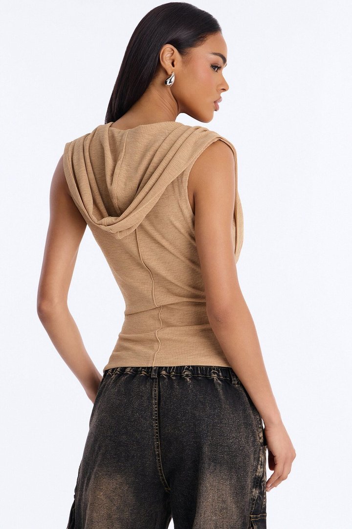 Desert Retreat Cowl Neck Hooded Top - Sand