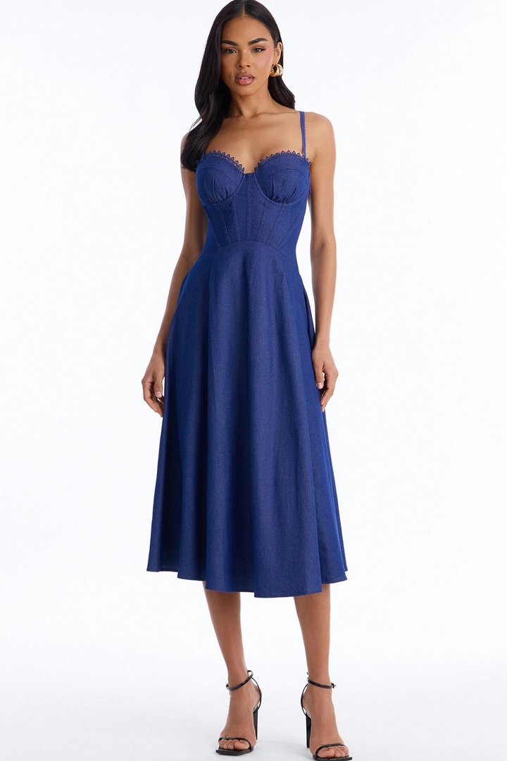 Making My Way Downtown Denim Midi Dress - Dark Wash