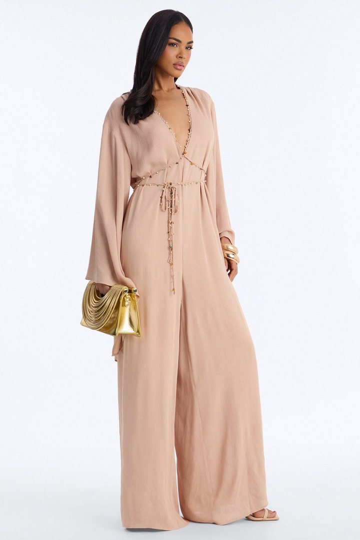 Mailey Beaded Tie Waist Wide Leg Jumpsuit - Tan