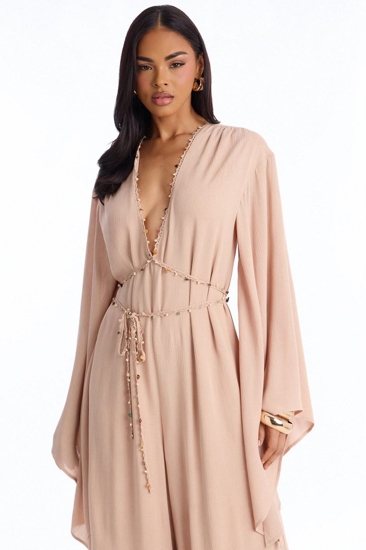 Mailey Beaded Tie Waist Wide Leg Jumpsuit - Tan