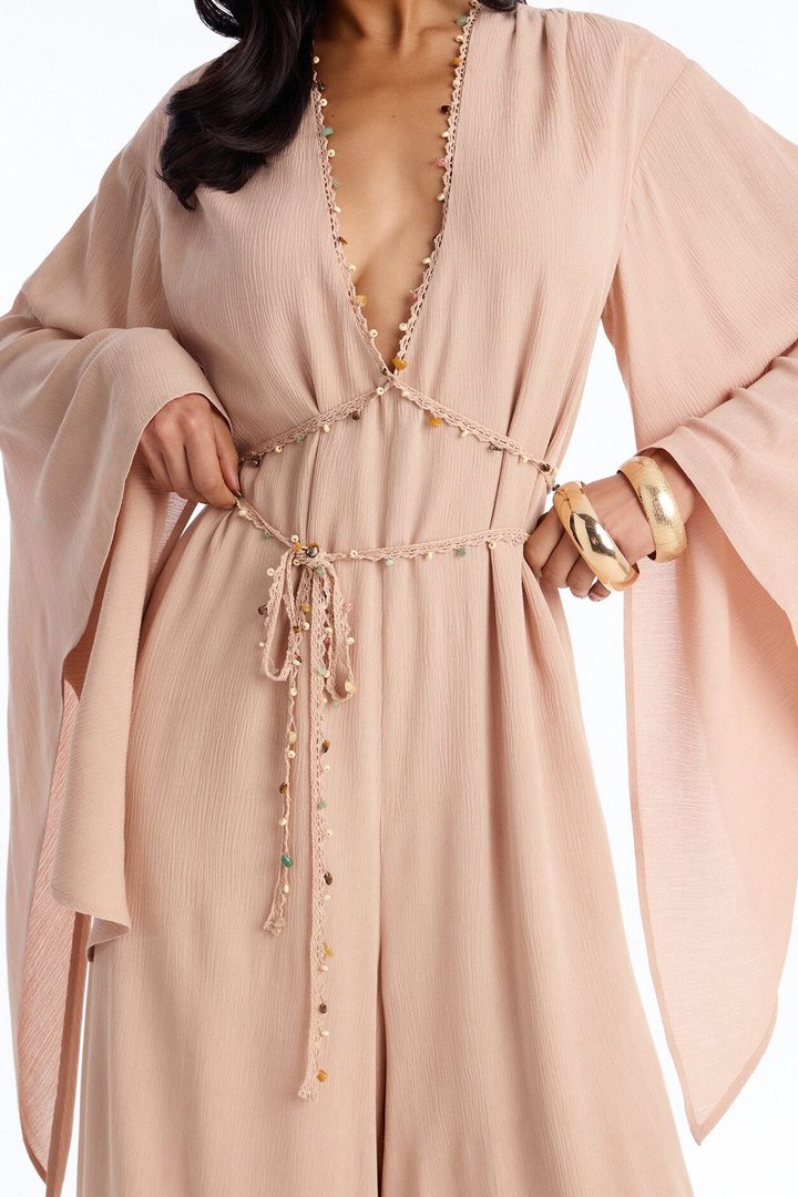 Mailey Beaded Tie Waist Wide Leg Jumpsuit - Tan