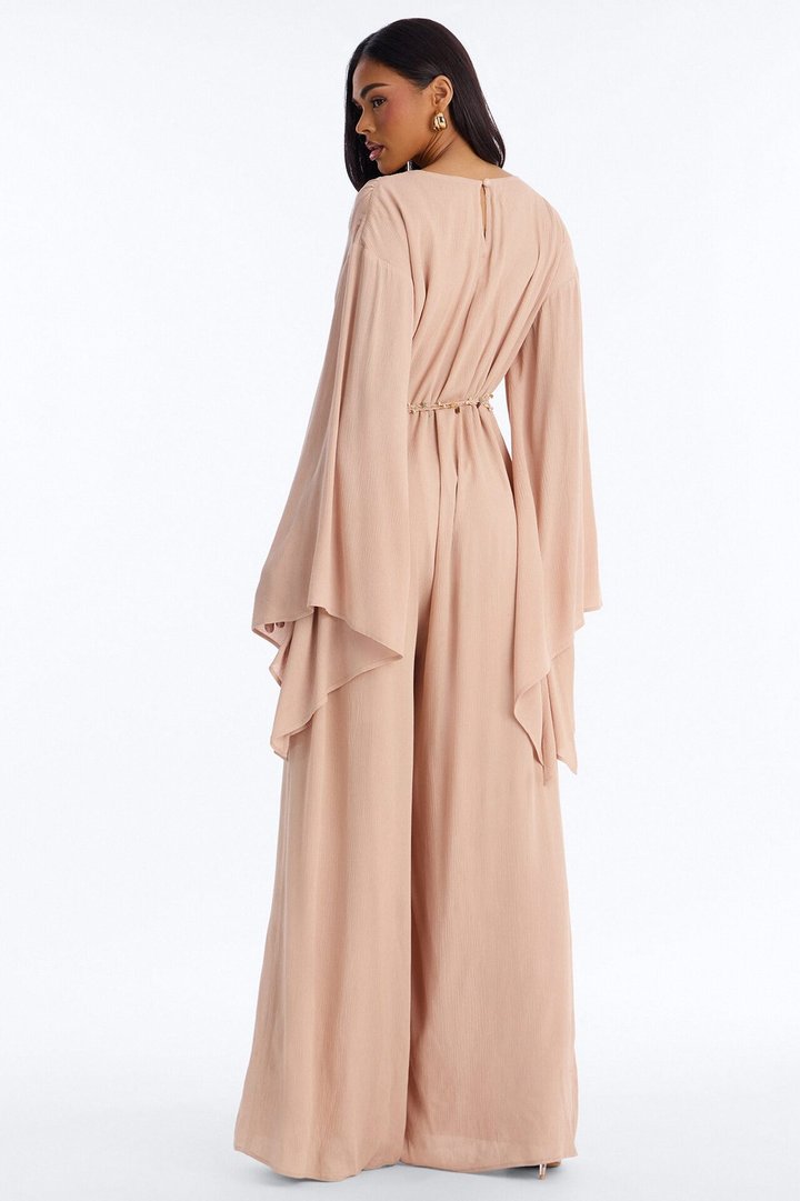 Mailey Beaded Tie Waist Wide Leg Jumpsuit - Tan