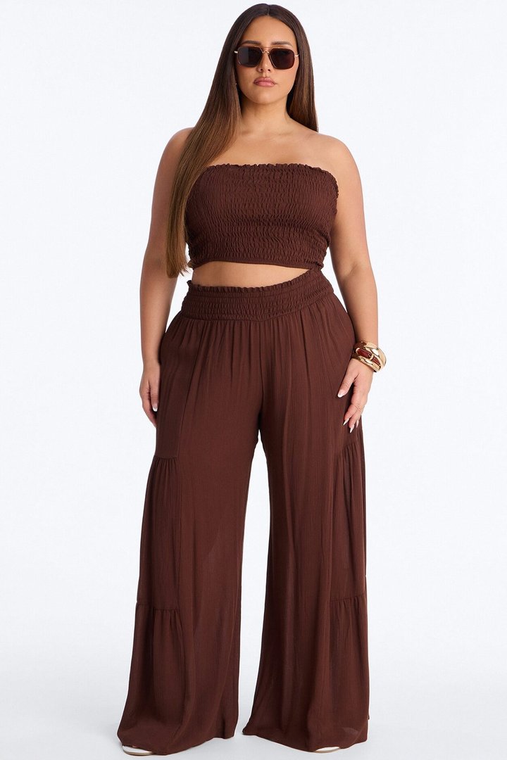 Sadie Smocked Strapless Pant Set - Chocolate