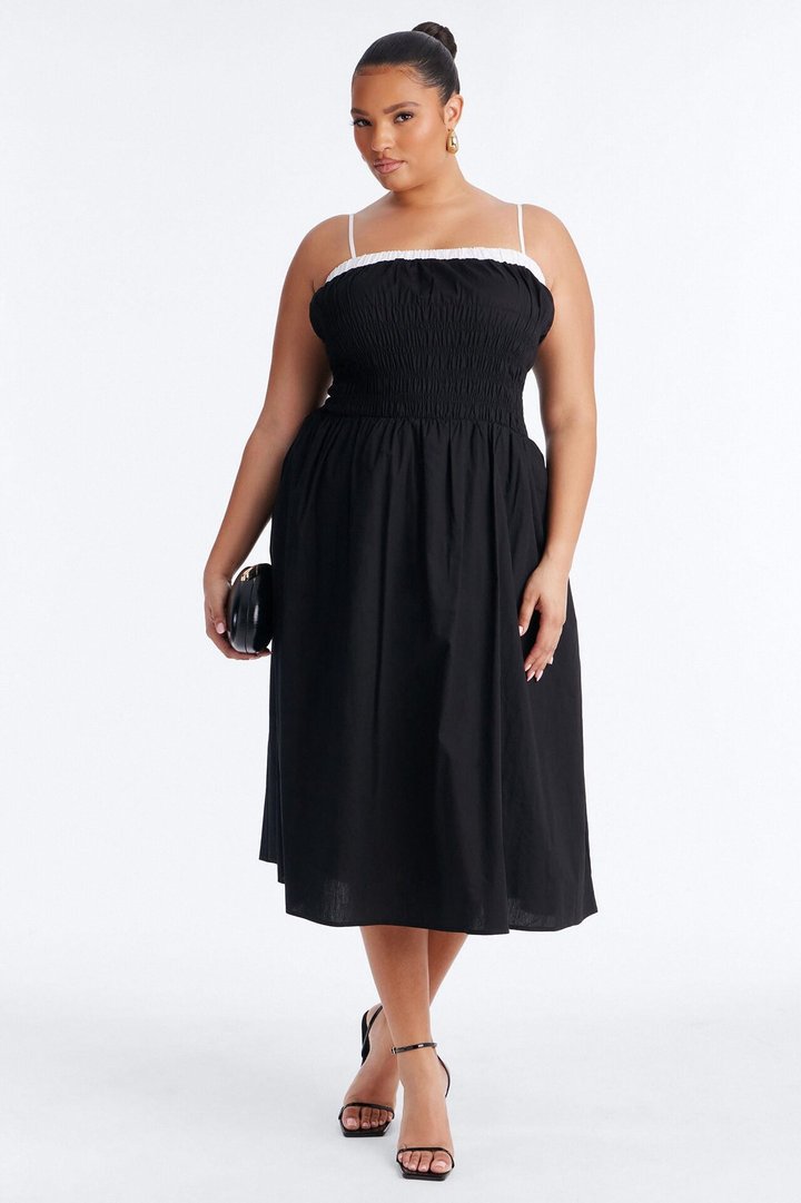 Sabrina Ruched Poplin Midi Dress - Black/White