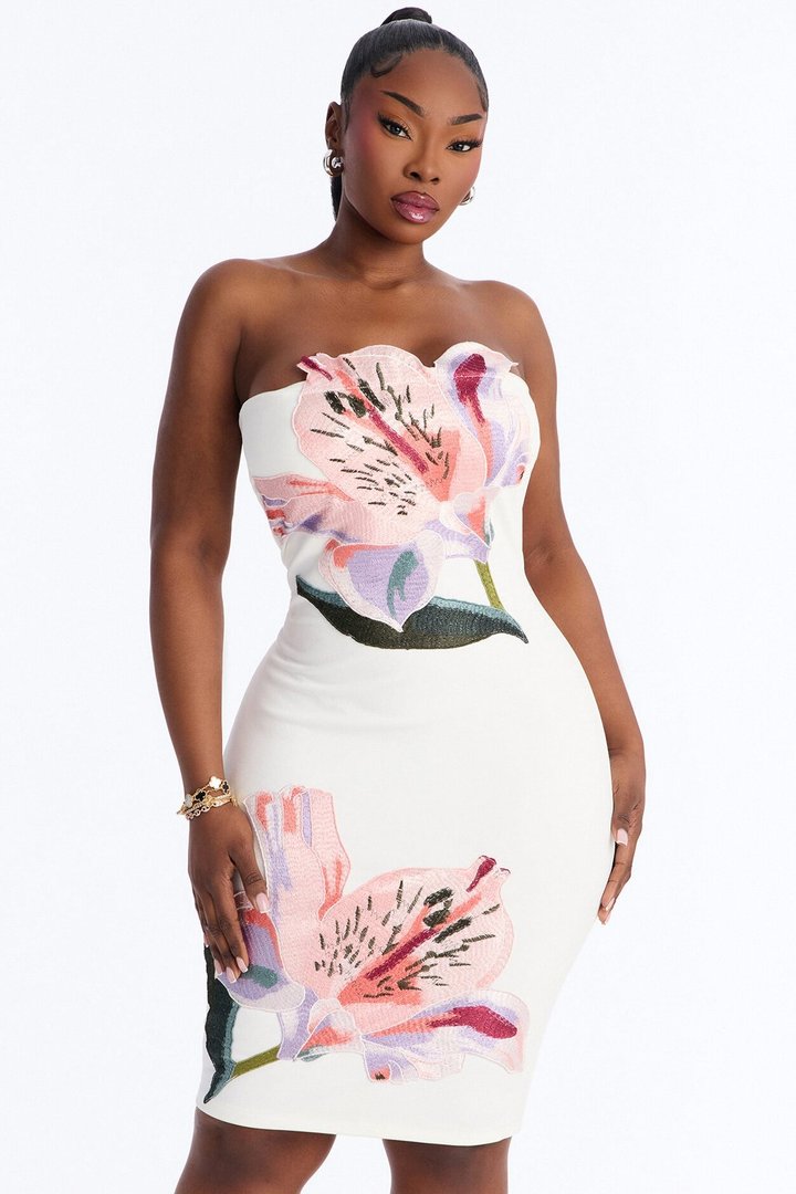 Azalea Floral Embroidered Midi Dress - White/Pink