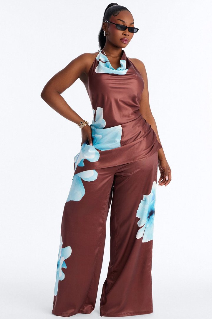 Leora Satin Halter Cowl Neck Top - Brown Combo