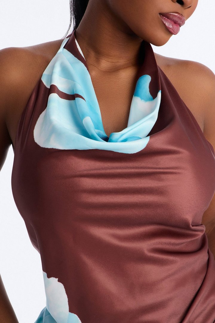 Leora Satin Halter Cowl Neck Top - Brown Combo