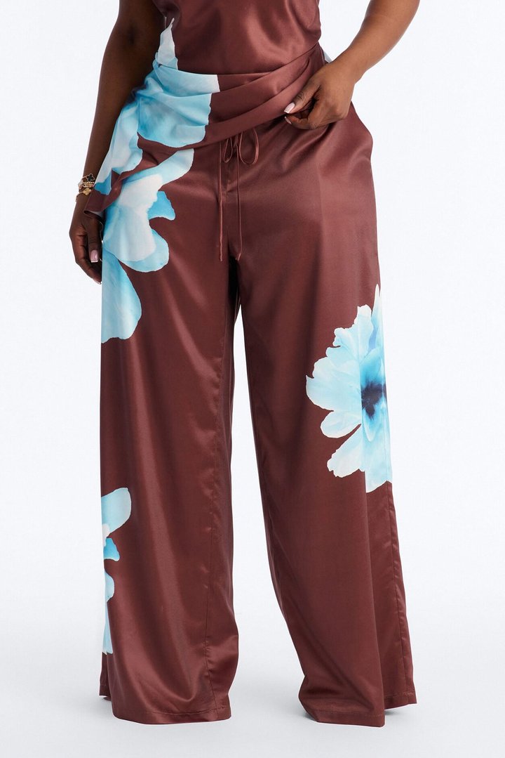 Leora Satin Drawstring Pant - Brown Combo